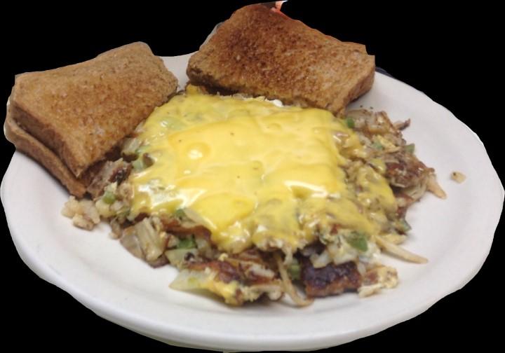 25 BACON, HAMBURGER, and grilled ONIONS with AMERICAN CHEESE. MEAT & CHEESE OMELET* $6.00 BACON, SAUSAGE, and HAM with CHEDDAR CHEESE. SOUTHWESTERN OMELET* 6.