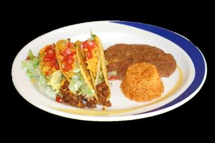 3 TACOS All combinations are your choice of chicken or beef only. Served with beans and rice.