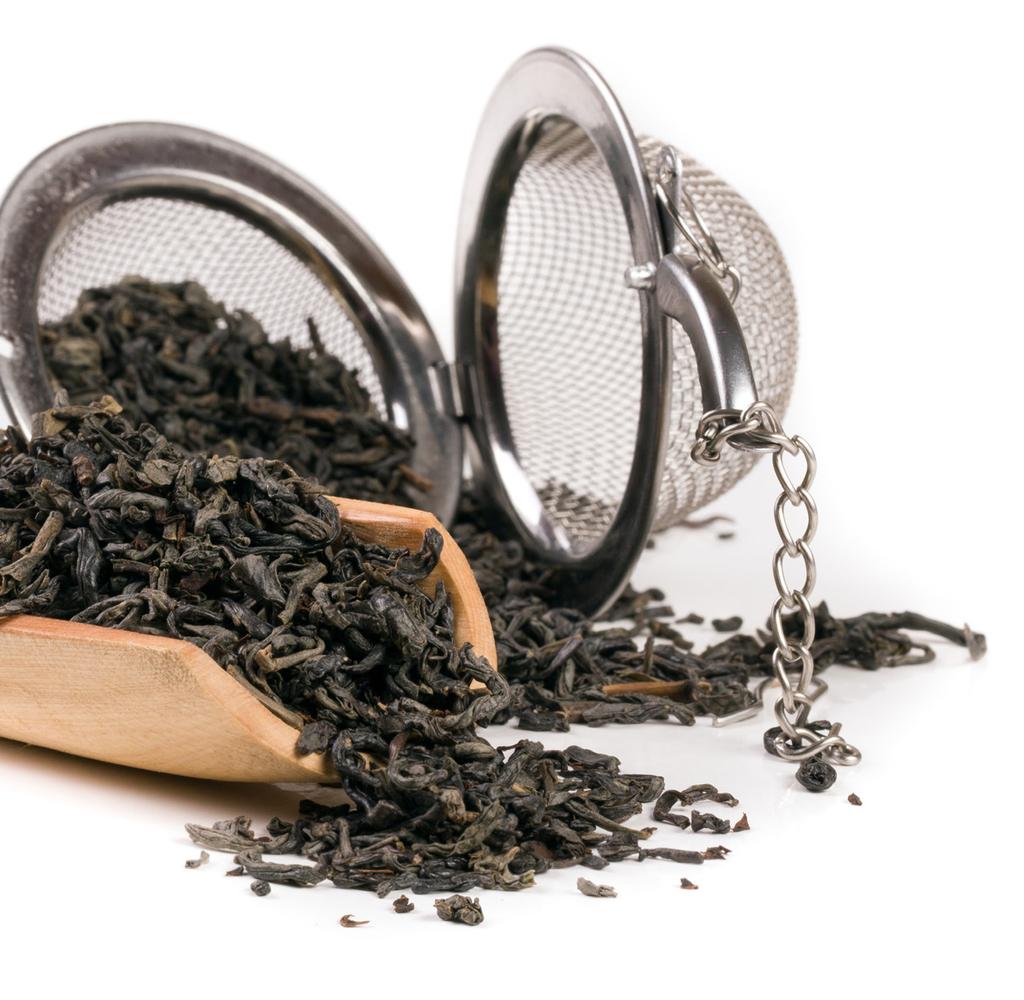 content for an 8-oz. cup: Black Tea: 40 mg Green Tea: 14 mg Coffee: 120 mg TEA BAGS Tea bags are typically made of filtered paper or cloth, and they hold tea while it brews.