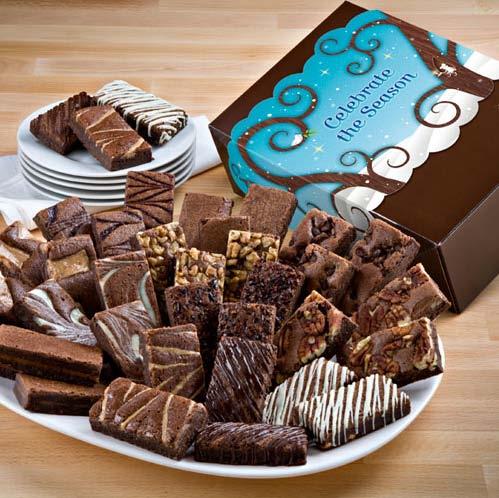 Gourmet Brownie Celebrate The Season Gift Box 36 Piece Gift Box Treat a large group with this triple dozen assortment of snack-size delectable brownies.
