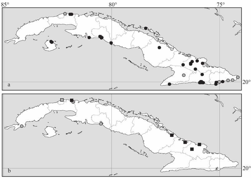 Wallnöfer: A revision of neotropical Diospyros (Ebenaceae): part 6 229 Fig. 6: Distribution of Diospyros grisebachii (a; specimens studied:, additional localities given by BiSSe (1968): ); D.