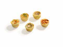 122 SAVOURY APPETIZERS 5001770 MINI SAVOURY CUP MIX 20 g 3 x 40 PCS C/S 120 C/S PAL BAKING 180 C 8-10 SERVE HOT Assortment of mini shortcrust cups in 3 different shapes and fillings: 40 round quiche