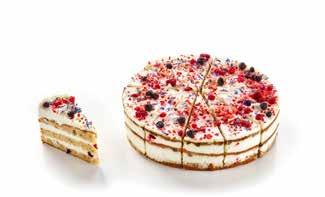 PATISSERIE 41 5001669 SNOW WHITE S FOREST FRUIT CAKE 1250 g 104 g 12 p 1 PCS C/S 216 C/S PAL DEFROST 4 C 720 Pre-portioned (12p) iced high cake with 3 layers of light sponge cake and cream filling,