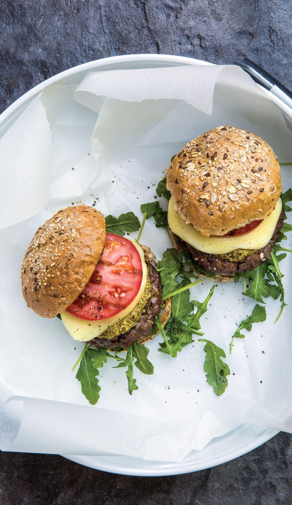 Pesto & Balsamic Beef Burgers In this play on Italian flavors, pesto, mozzarella and punchy greens brighten and elevate the classic beef burger.