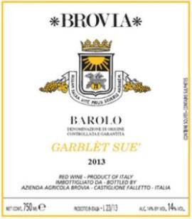 Brovia Barolo DOCG Garblet Sue 2013 - EXTREMELY LIMITED From a tiny (.7 ha) plot in Castiglione Faletto, Garblèt Sue' sits at an altitude of 250m on clay and limestone soils.