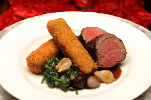 Second Course: Roast Tenderloin, mushroom risotto fries, parsnip creamed spinach, pearl onions, red wine sauce Serves 4 Ingredients 1 ½ pound prime beef tenderloin 5 ounces olive oil ½ onion (minced