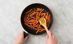 FRY THE SWEET PEPPER In the meantime, heat half the olive oil in a frying pan to medium heat and stir-fry the sweet pepper strips for 7 9 minutest. Season with salt and pepper.