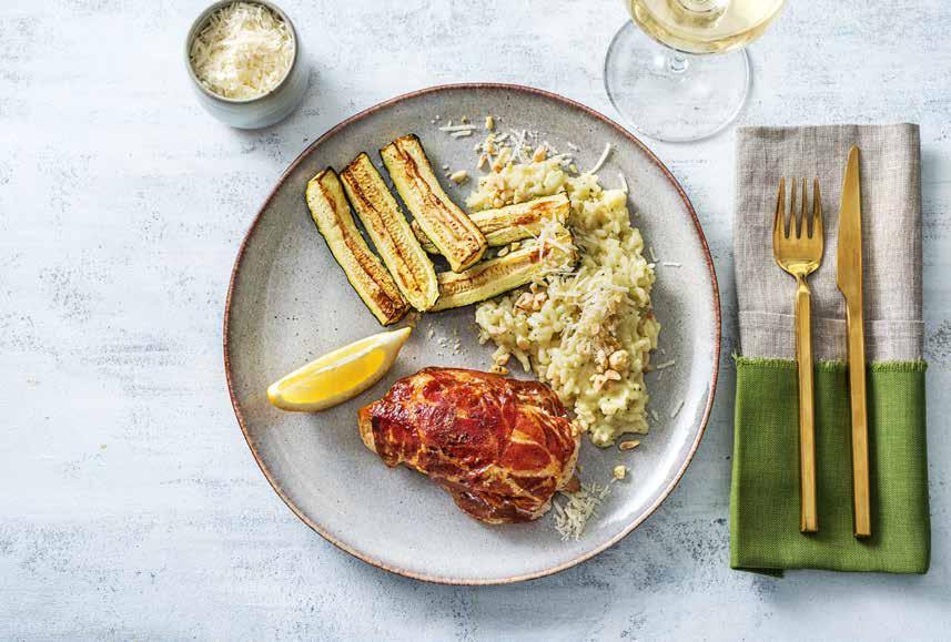 STUFFED CHICKEN FILLET IN COPPA DI PARMA WITH RICOTTA, LEMON-RISOTTO AND ROASTED COURGETTE Shallots Garlic Courgettes f Fresh oregano f Chicken fillet f Ricotta f Coppa di Parma f Risotto rice