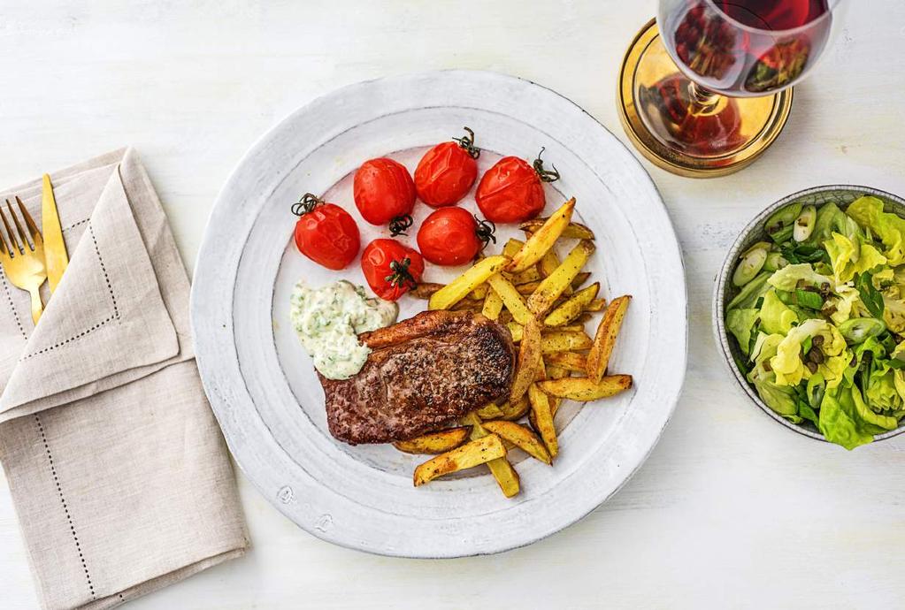 STEAK FRITES WITH TARRAGON MAYONNAISE WITH ROASTED CHERRY TOMATOES AND GREEN SALAD Firm potatoes Red cherry tomatoes f Lettuce f Fresh chervil & tarragon f Spring onion f Capers