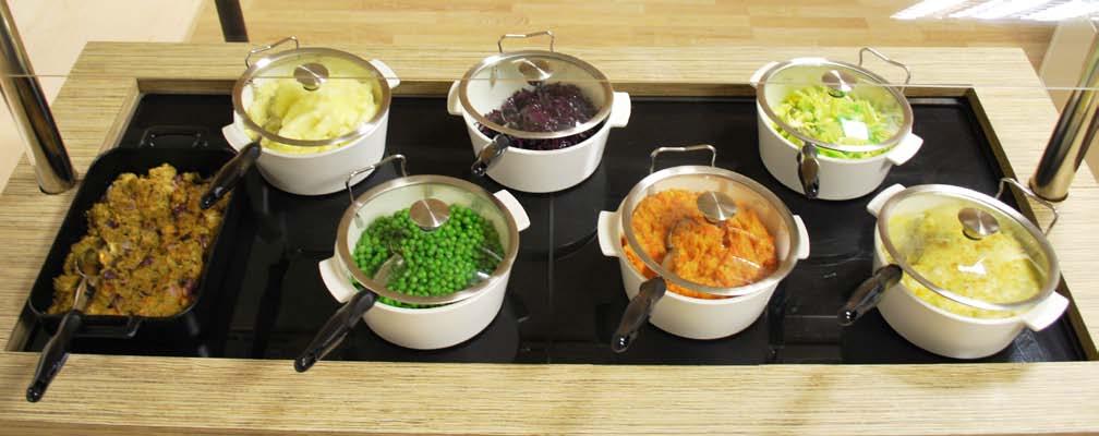 Sunday Carvery Vegetable Deck You ll need: 1 Black Roasting Dish, 6 Small White Cocotte Dishes (with Lids & Hooks) & 7 Solid Silver Spoons Chef Guest Stuffing Mash Potatoes Peas Red Cabbage Root
