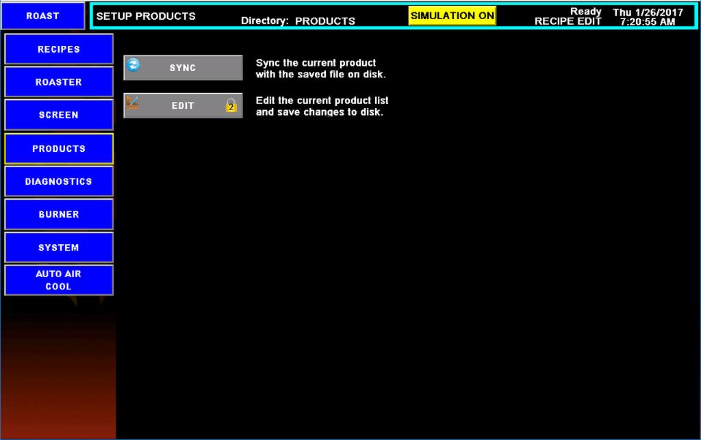 Setup Products Screen This screen allows you to configure bean products, in order to associate different types of beans with Roast Profiles.