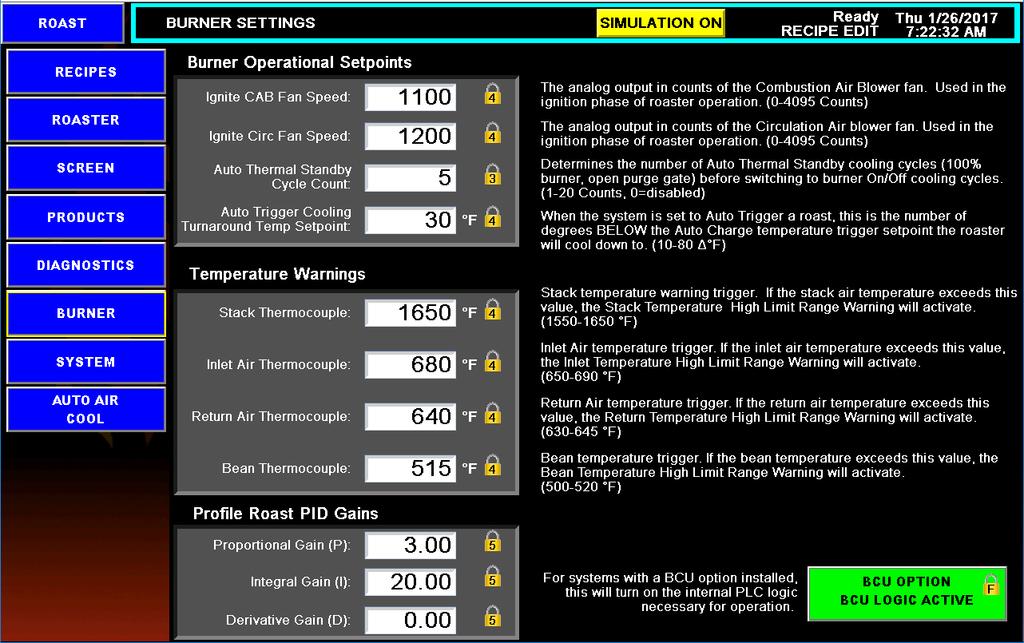 Burner Settings Screen Most Burner settings require Level 4 or Level 5 user authorization. Settings include Temperature Warning levels and Burner operational set points. Figure 30.