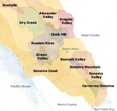 SONOMA COUNTY This county benefits from all the influences of this fortunate region: a moderate climate with a cooling maritime influence, warm northern areas that complement the cool southern