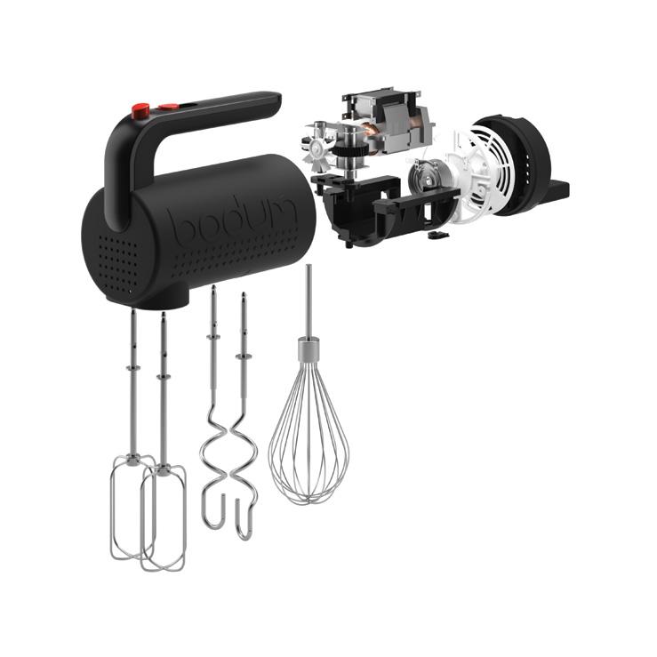 Measurements 97 208 158 mm Material Plastic, rubber, silicone, stainless steel Rating Europe 200 W, 220 240 V, 50/60 Hz The hand mixer comes with the following attachments: 2 pcs Beaters set 2 pcs