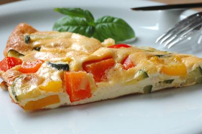Courgette & Goat's Cheese Omelette Breakfast Serves: 1 ¼ Red Pepper, diced ¼ Yellow Pepper, diced ¼ Courgette, sliced 2 whole Eggs, beaten 2 Egg Whites, whisked stiff 30g Goat's Cheese ½ small Onion,