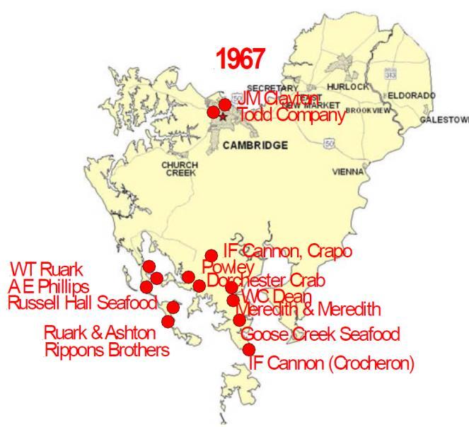 Due to Dorchester County s location in the central bay, and proximity to the NOAA Code areas above, it also has the highest number of crab processing plants in Maryland.