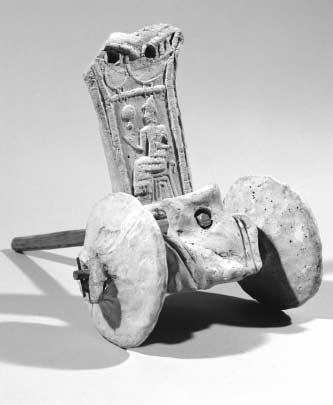 This model shows a wheeled chariot used in the Sumerian army. Chariots were pulled by a horse while a soldier stood behind the shield.
