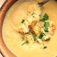 Makes 6 servings Creamy Cauliflower White Bean Soup 1 head cauliflower, florets and stems (about 5 cups) 2 tablespoons olive oil 1 onion, peeled and chopped 2 celery stalks, chopped 1 carrot, peeled