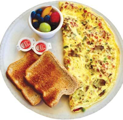 25 Omeletten (Omelettes) All omelettes are made with three eggs and served with whole wheat toast, butter, and choice of a small house salad or a fruit salad.