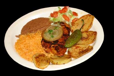 ADOBADA CHICKEN 45. ADOBADA CHICKEN... $14.25 Chicken breast marinated in adobada sauce then grilled. Served with beans, rice, Mexican style potatoes, one jalapeno and 27. CARNITAS $13.