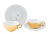SETS MEISSEN COSMOPOLITAN BLUE ORCHID MESH WHITE COFFEE SET 9-piece set: 2 coffee cups, 1 creamer, 1 pot, 1 sugar bowl in gold; 2 saucers and 2