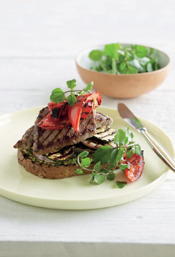 minute steak sandwiches with pesto and grilled vegetables prep 10 mins cook 5 mins serves 4 These super-quick sandwiches are a satisfying lunch.