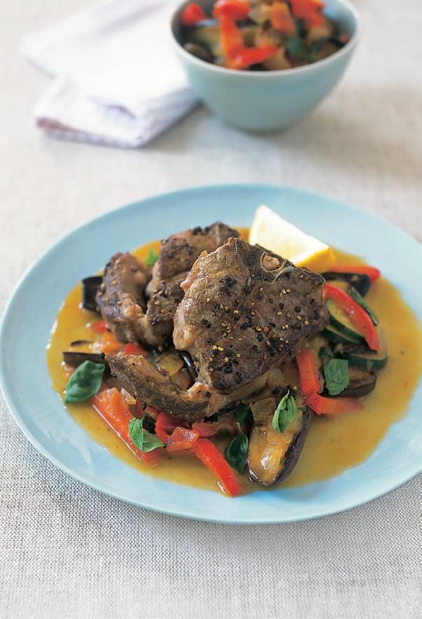 spiced lamb chops with ratatouille serves 4 800 g lamb loin chops, trimmed of fat 1 tablespoon olive oil lemon wedges SPICE CRUST 1 tablespoon freshly ground black pepper 2 teaspoons whole coriander