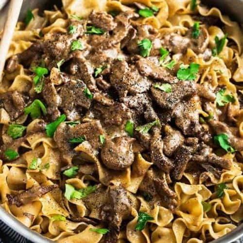 EASY ONE POT BEEF STROGANOFF SKILLET 1 Tablespoon olive oil 3/4 lbs steak cut into thin slices (I used flank) salt and freshly cracked black pepper to taste 4 Tablespoons all-purpose flour divided -