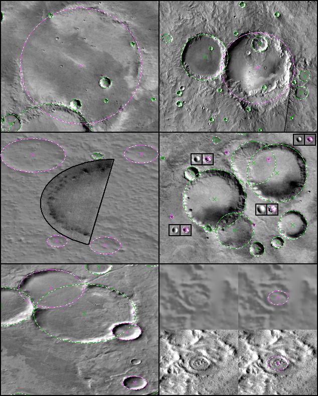 Goran Salamunićcar: Detekcija kratera iz digitalnih topografskih slika 95 1) 1/128 MDIM 2) 1/128 THEMIS-DIR N (sjever je gore za sve slike) (354.93 E, 16.71 S) D=106.847km (119.20 E, 15.34 S) D=65.