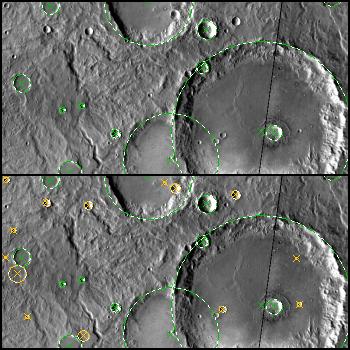 Goran Salamunićcar: Detekcija kratera iz digitalnih topografskih slika 121 N 25 km 1/128 THM_DIR (121.5 E, 5.5 S) Slika 53. Dio MA57633GT kataloga (gore) i novopronañeni krateri (dolje).