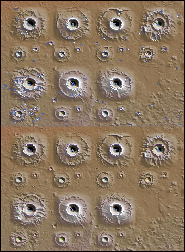 Goran Salamunićcar: Detekcija kratera iz digitalnih topografskih slika 167 1/128 MOLA + sedam laboratorijskih kratera + interpolacijski CDA (Cannyjev detektor ruba) centar slike: (128 E, 23 N) N