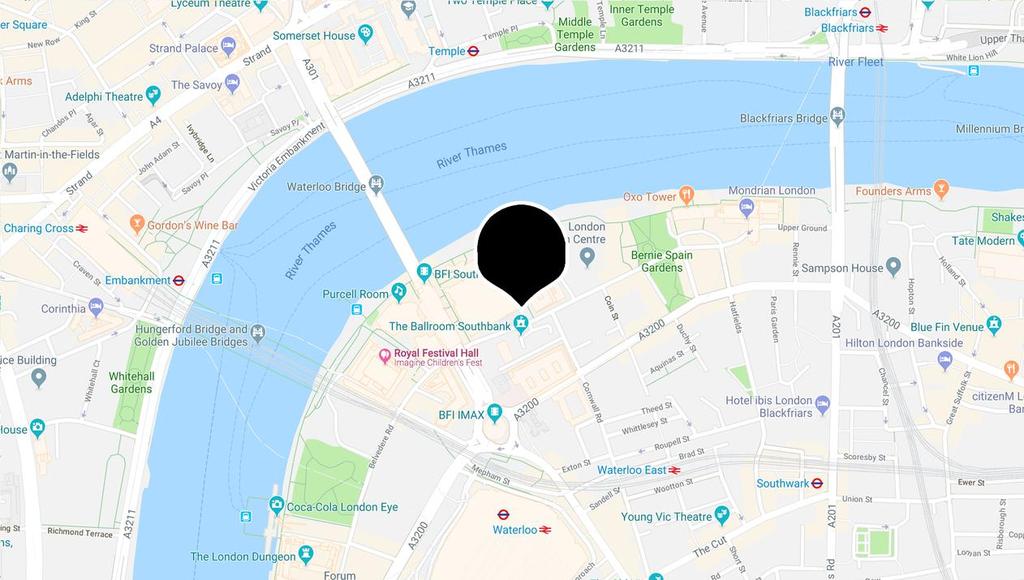 Party Location The Ballroom Southbank Upper Ground, Lambeth London SE1 9PU Transport Nearest Underground: Waterloo (2 minutes) Nearest Overground: Waterloo (2 minutes) Kings Cross Station: Victoria