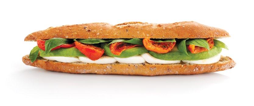 made with 7 HIGH FIBRE WHOLEGRAINS FOR SLOW RELEASE ENERGY 5 VARIETIES OF OMEGA 3 SEEDS FOR A HEALTHIER HEART Mozzarella, sunblush tomato & avocado 2.99 with basil leaves and olive oil 705 kcal 8.