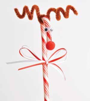 Repeat until all of your candy canes have red noses. 2. Smear a strip of glue about 1 inch above the nose and press two googly eyes onto the glue. 3.