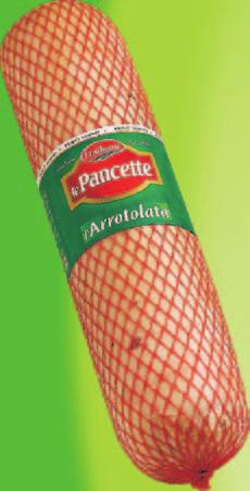 Pancetta arrotolata A rolled salt-cured and naturally aged uncooked 100% pork belly meat without rind. Its colour is bright red flecked with small dots of fat.