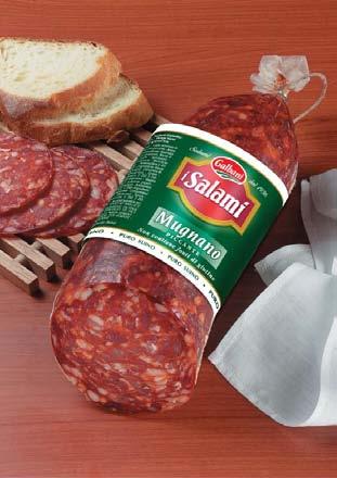 Mugnano A large grain salami with a hot and spicy flavour and a strong colour coming from its hot pepper content.