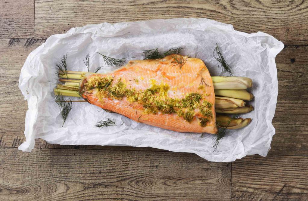 MAIN BAKED OCEAN TROUT 1. Pre-heat your ILVE oven to 180 C on fan assist. Line baking dish with baking paper and place the lemon grass in the tray. Lay the fish fillet on top of the lemon grass. 2.