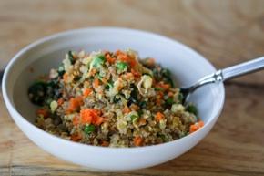 8 Quinoa Fried Rice with Seasonal Vegetables Ingredients 1 cup quinoa 2 tbsp toasted sesame oil 1 onion, diced 1 garlic clove, minced 1 stalk broccoli florets 1 cup shaved carrots 1/2 cup frozen peas