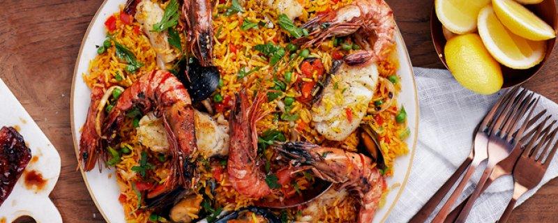 Festive seafood paella Wednesday 26th December SERVES 00:50:00 00:20:00 12 A truly spectacular dish originating from Spain, combines well known and easy-to-find seafood in a spicy and heart-warming