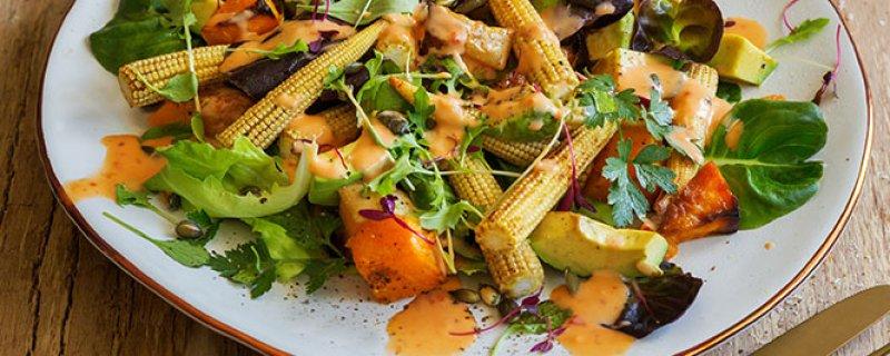 Roasted butternut, baby corn and avo salad Friday 28th December SERVES 00:30:00 00:20:00 4 The combination of butternut and avo in this salad add a delicious sweet creaminess to the crunchy corn!
