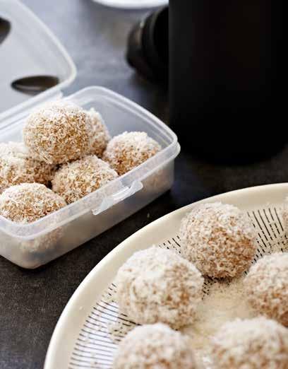 Caramel Lady Balls Makes 4 Serves (serving size: max 2 balls) 10 pitted dates 1/2 cup raw almonds 1/2 cup caramel Lady Shake 1 tablespoon coconut oil ¼ cup either almond, coconut or skim milk 1.