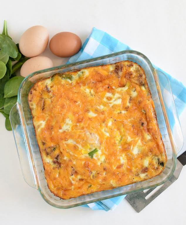 Easy Egg Bake: 1/2 an onion 1/2 pound of squash 4 slices of bacon 8 eggs 1/2 cup milk 1 cup grated cheese, about 4 ounces (I used sharp cheddar) 4 ounces of spinach 1/2 teaspoon salt 1/4 teaspoon