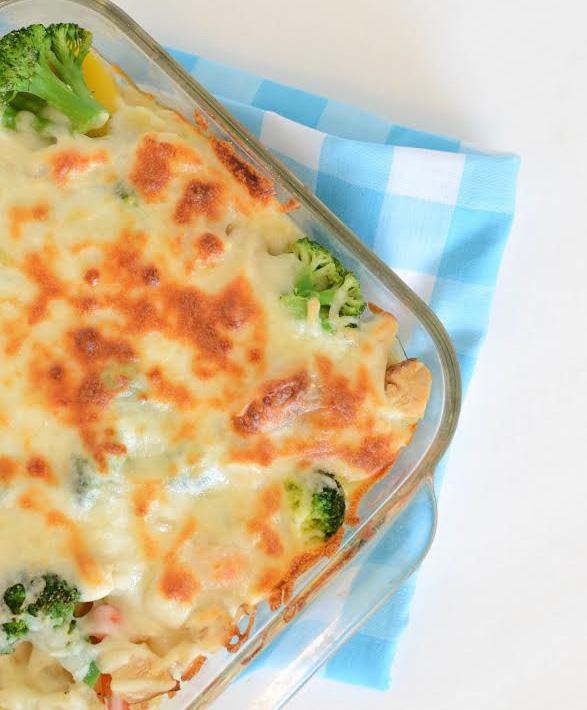 Creamy Chicken and Veggie Pasta Bake: 1 package pasta (about a pound) 2-4 cups frozen vegetable (Normandy Blend) 1/2 cup butter 1/2 an onion chopped small 1/2 cup flour 1 teaspoon minced garlic (the