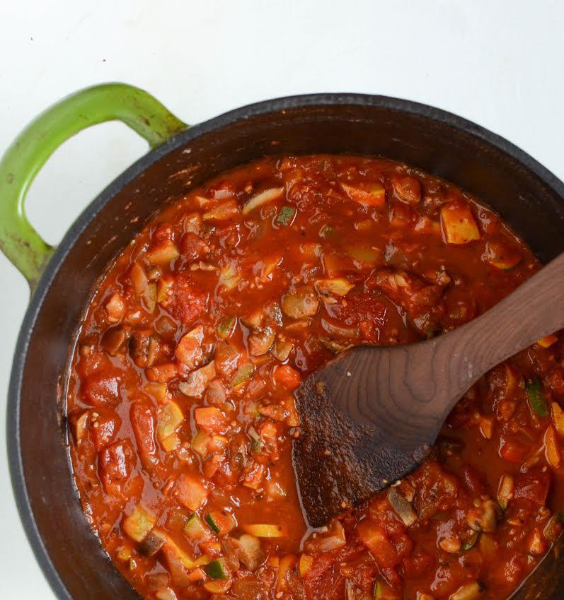 Very Veggie Pasta Sauce: 1 pound ground meat such a sausage or hamburger (optional) 1 onion, chopped 1 teaspoon garlic (the minced kind in the jar) 4 ounces baby bella mushrooms, chopped 1 cup