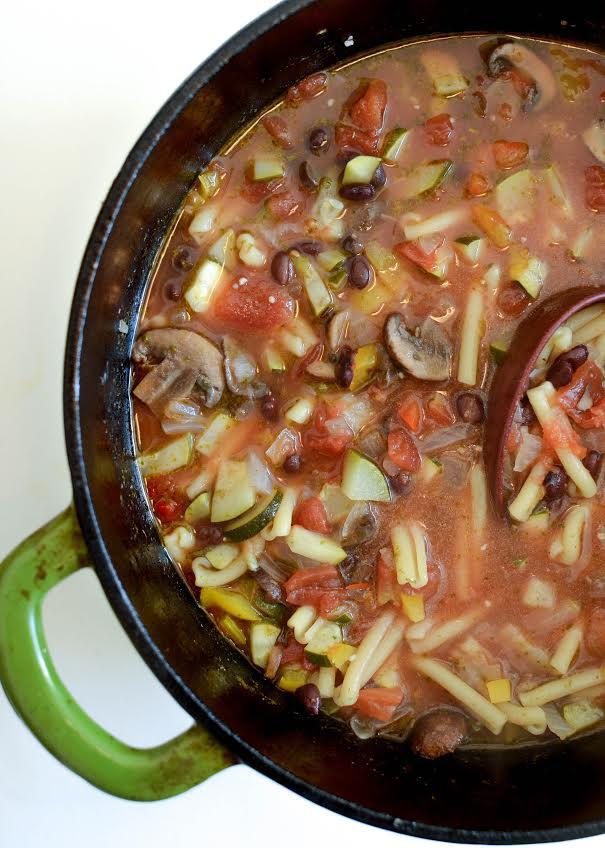 Simple minestrone: 1 tablespoon olive oil 1 onion, chopped 1 teaspoon garlic 4 ounces baby bella mushrooms, sliced 1 cup chopped bell pepper 1 zucchini, chopped 2 can diced tomatoes (with the juice)