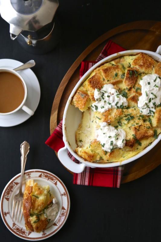 Strata with Fresh Tarragon Yield: Serves 4 Prep Time: 10 minutes + overnight chill Cook Time: 40 minutes Ingredients: 5 eggs 1 1/2 cups whole milk 1/2 cup sour cream 1/2 teaspoon salt 1/4 teaspoon