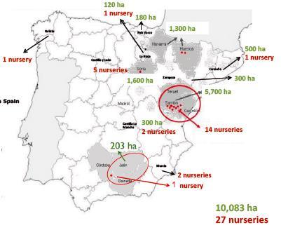 Area dedicated to truffle plantations Community Ha Aragon 6,250 Castile and Leon 1,600 Valencia 950 Catalonia 530 Castile and La Mancha 300 Navarra