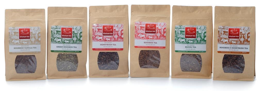 Khoisan Tea Organic Ecobag Range 250g loose Organic tea varieties. Self-standing bags with windows to showcase tea. Packed with authentic pieces or spices.