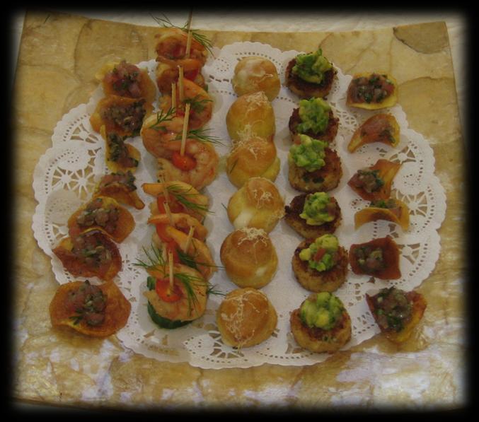 Passed Hors D Oeuvres Shot of Seasonal Soup Proscuitto and Melon Spicy Chicken Wing Brie and Date with Pimentos Cheese and Fruits Canapés Duck Paté with Pistachios Canapés Smoked Salmon and Trout