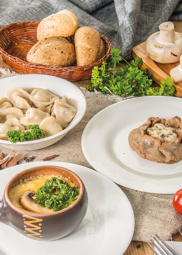 240 RUSSIAN PELMENI 260 SIBERIAN PELMENI Traditional Russian pelmeni with minced beef and pork meat served with sour cream, mustard and greens 250/50/50 gm Traditional Siberian pelmeni with minced